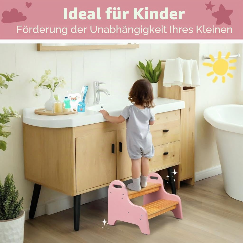 StrongTek Kinder-Trittbank 2 Stufen, Hocker aus Gummibaumholz, stabil & rutschfest, ideal für Bad, Küche und Zuhause, langlebig, leicht zu reinigen, Tritthocker für Kleinkinder