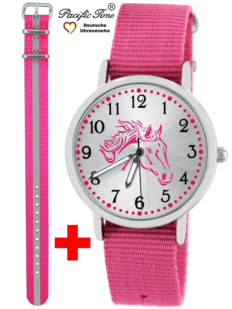 Pacific Time Kinderuhr Mädchen Pferdeuhr rosa Pferdekopf 2 Armbänder | Geschenk für Mädchen: rosa Pferdekopf, Sunray-Zifferblatt, 2 Armbänder, fluoreszierende Zeiger, 5 ATM wasserdicht