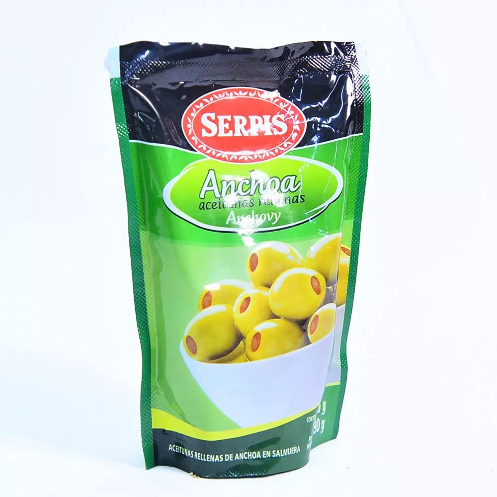Serpis. Spanish Green Manzanilla Olives Stuffed with Anchovies. 170g (6oz)