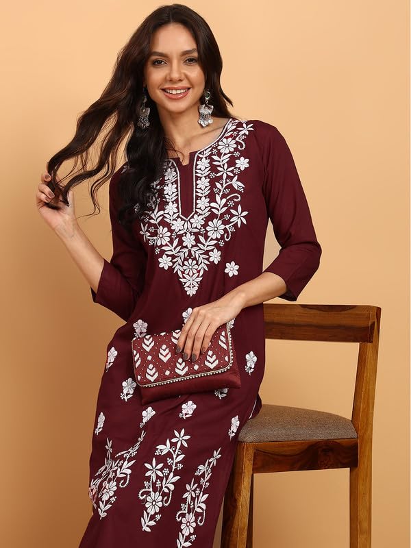 Image of Women Pink Ethnic motifs Embroidered Lucknowi Chikankari Long Kurti