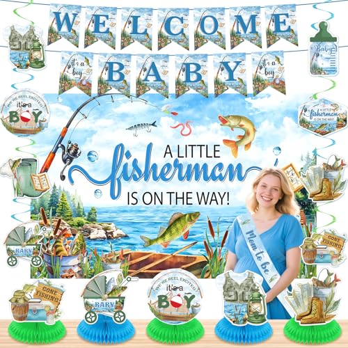Fishing Baby Shower Decorations for Boys Girls Fishing Welcome Baby Banner A Little Fisherman is On The Way Backdrop Banner Gone Fishing Hanging Swirls Honeycomb Centerpieces Sash Party Supplies