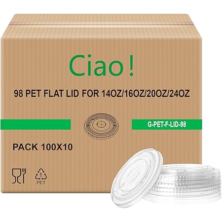 CIAO! PET Flat Lid with Straw Slot, Designed and Fit for 14OZ/16OZ/20OZ/24OZ Brand PET Cold Drink Cups Only, 98mm (Case of 1,000)