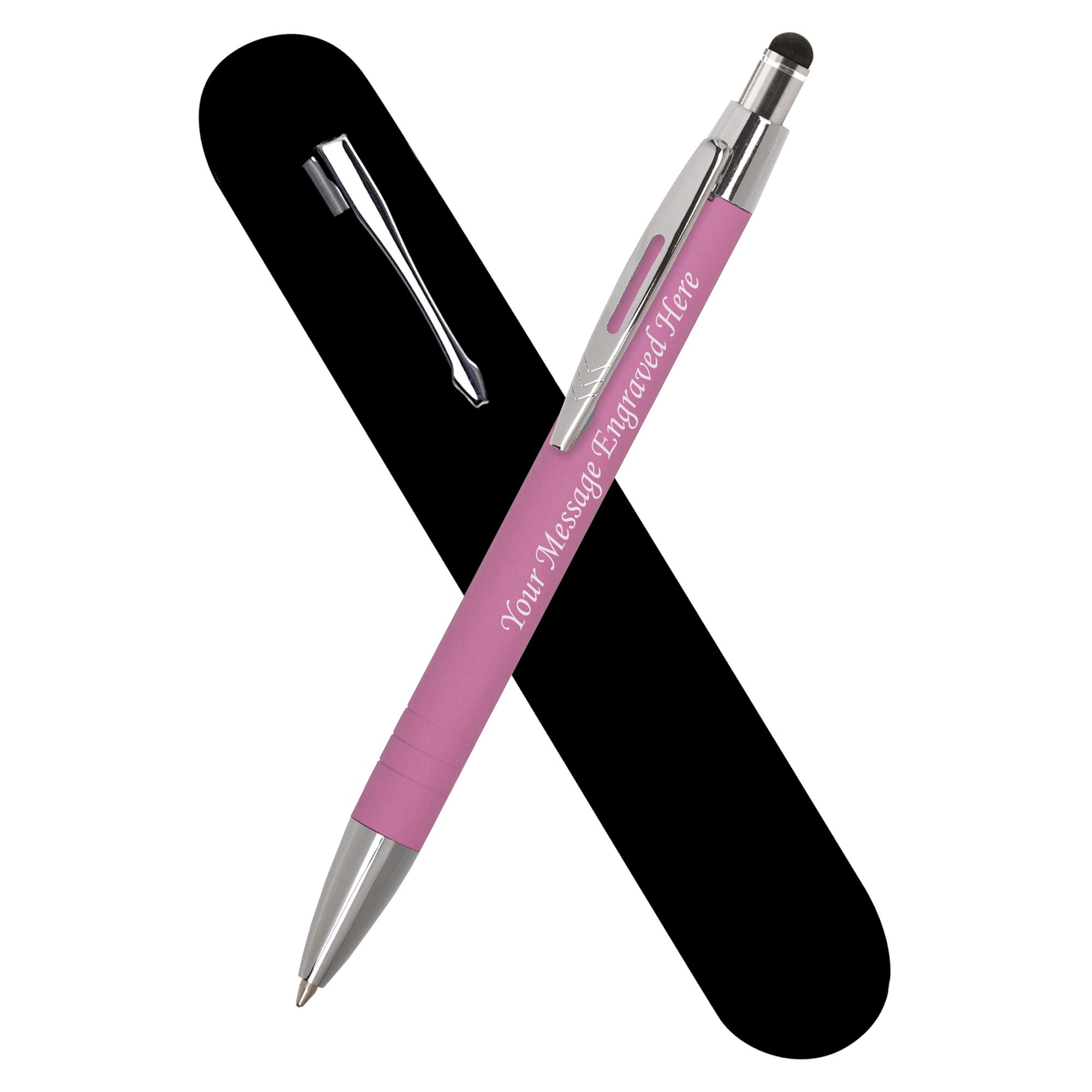 Personalised Laser Engraved Ballpoint Rubberised Surface Touch Pen In a Velvet Pouch, Personalised Gifts, Gifts For Men and Women, Blue Ink Plus Black Ink - Enter Your Custom Engraving (Pink)
