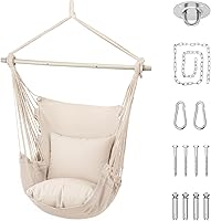 Athena Collection Macrame Hammock Chair Swing with 2 Cushions, 350 lbs Capacity, Anti-Slip Spreader Bar & Pocket - Beige Indoor Outdoor Patio