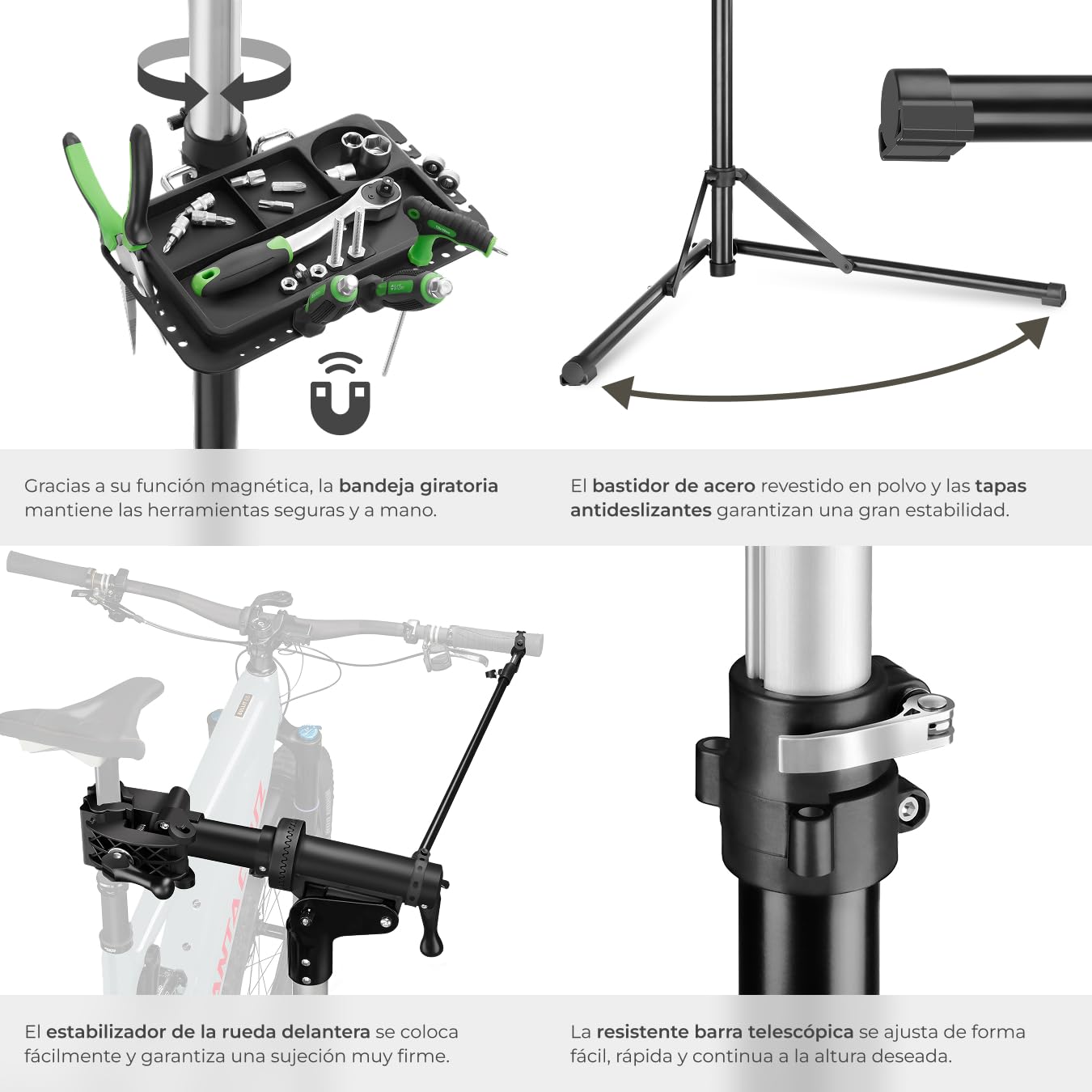 tectake® Soporte Bicicleta Taller, Bandeja Magnética Giratoria, Caballete Bicicleta Plegable, Herramientas Bicicleta Eléctrica Montaña o Carretera, Soporte Taller Bicicleta Ajustable, Carga Max 50 kg