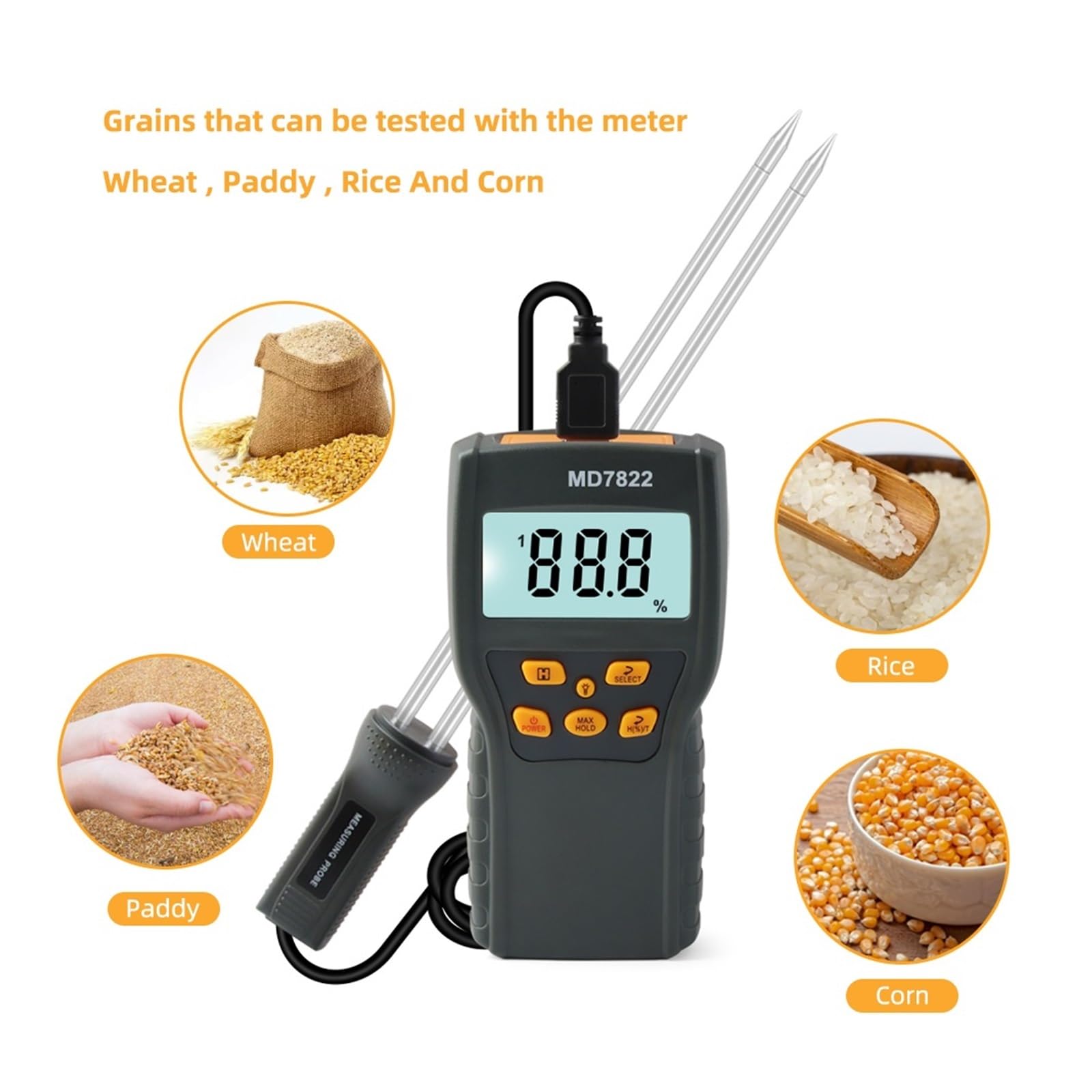 Misuratore umidità, Misuratore di umidità Digitale for Cereali MD7822 Tester di umidità con Display LCD Contiene misuratore di umidità for Mais e Mais,Igrometro Professionale