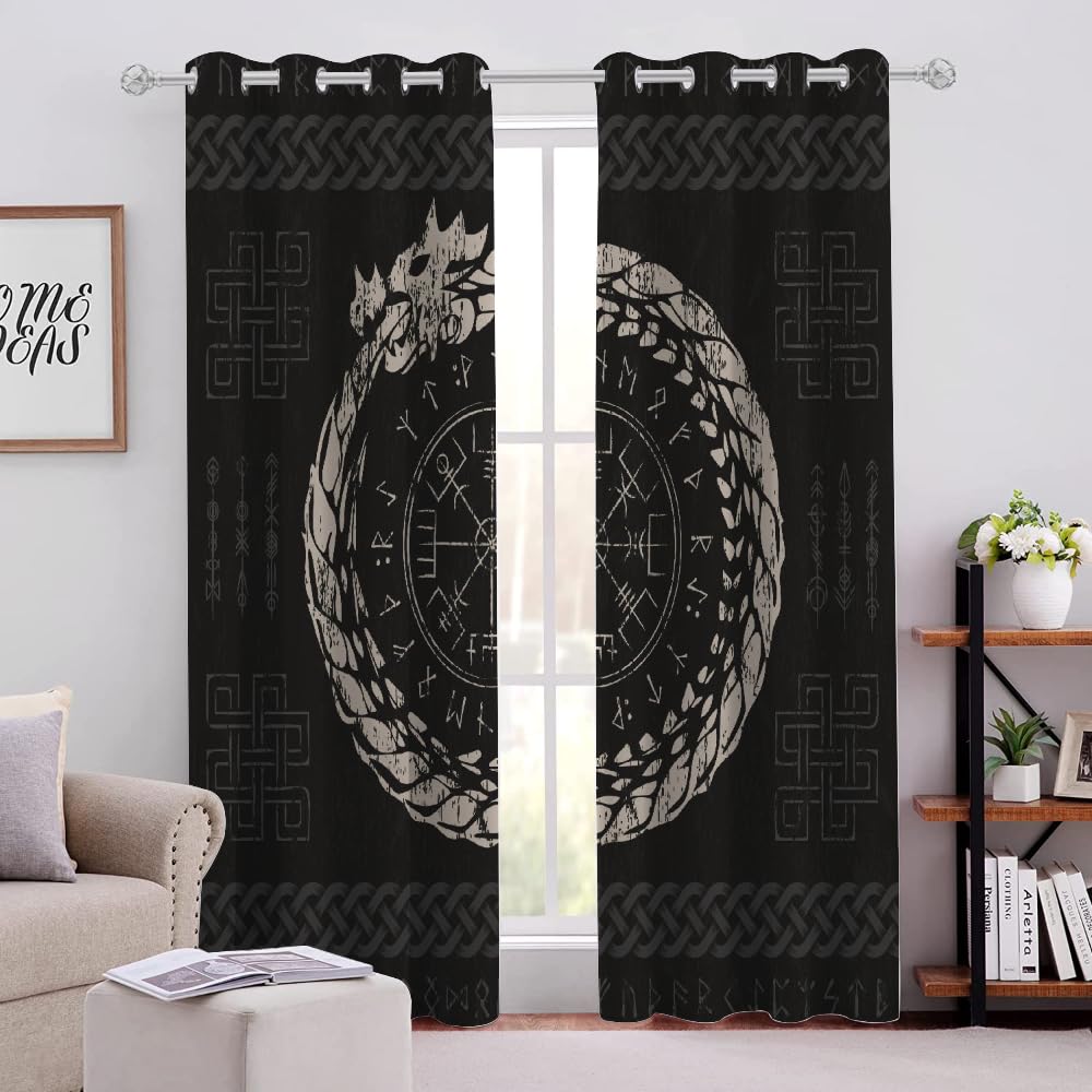 Rideaux Viking Runes Rideau 2 Pièces Isolant Thermique Anti Froid Polyester Anti Bruit Grande Largeur Rideau Mythologie Odin Opaque Salon Maison Décoration Rideaux （150x166 cm ）