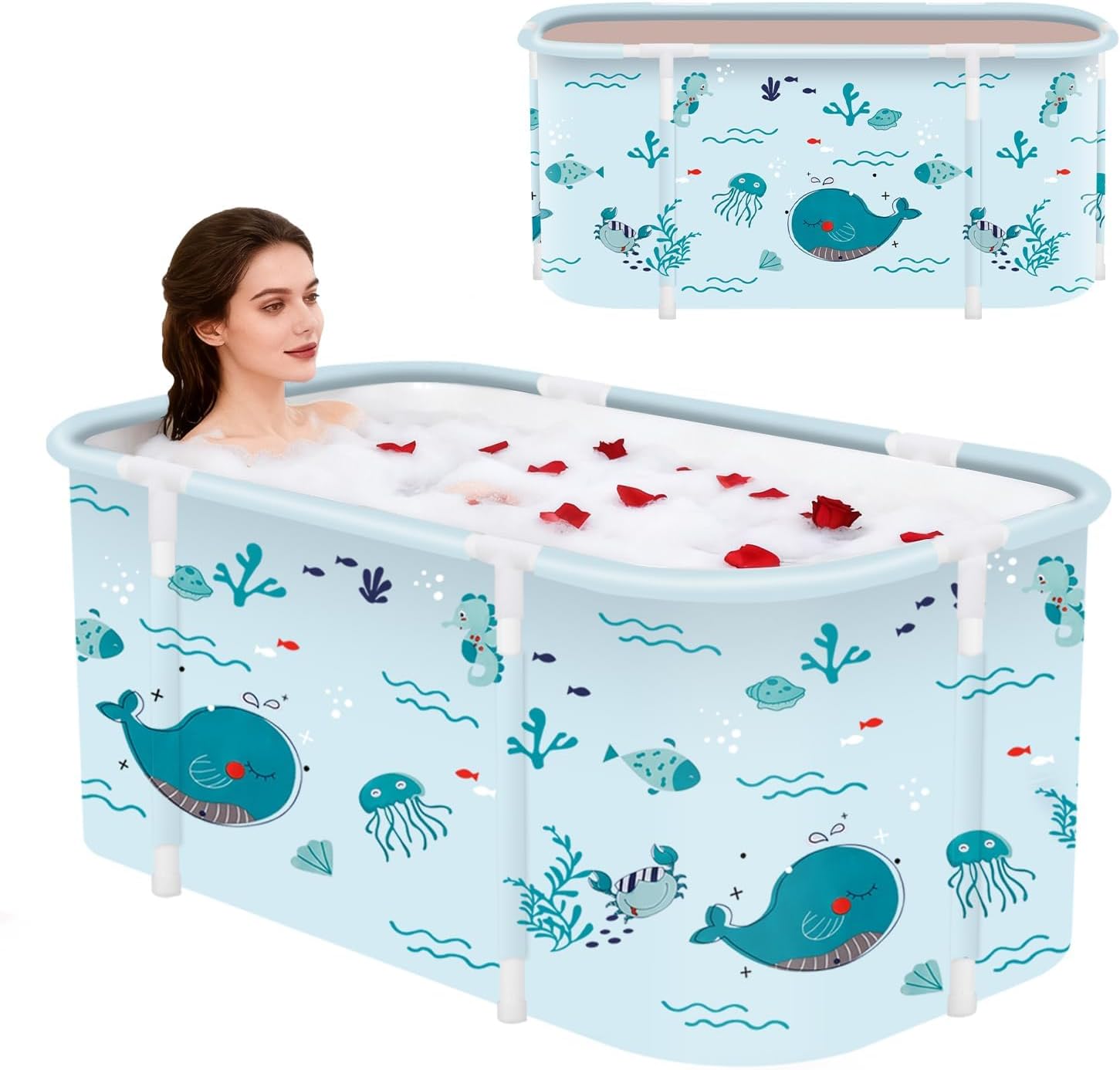Foldable Bath Tub for Bathroom SPA Tub for Home Use with Drainage Hole For Adults And Kids Maintains Hot & Cold Water Thickened Insulated Ice Bath Tub for Adults (Light BLue)