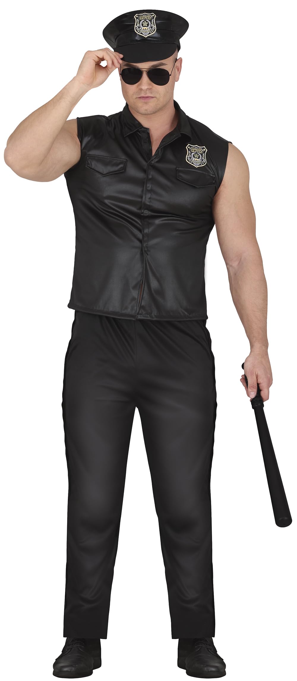 FIESTAS GUIRCA Sexy Policeman Mens Fancy Dress Costume - Black Police Uniform with Police Hat - Cop Fancy Dress Men Size L 42-44