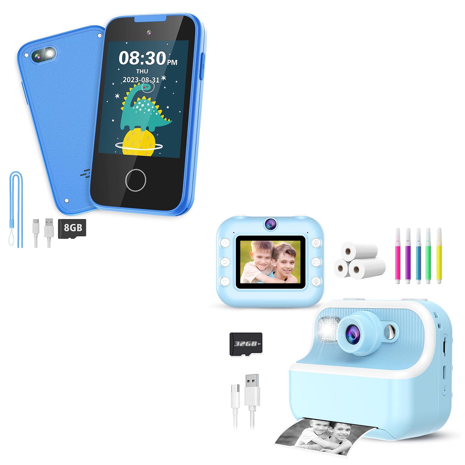 Blue Instant Print Camera for Kids and Kids Phone for Boys Aged 3-12 with Dual Camera Christmas Birthday Gifts for Girls Boys