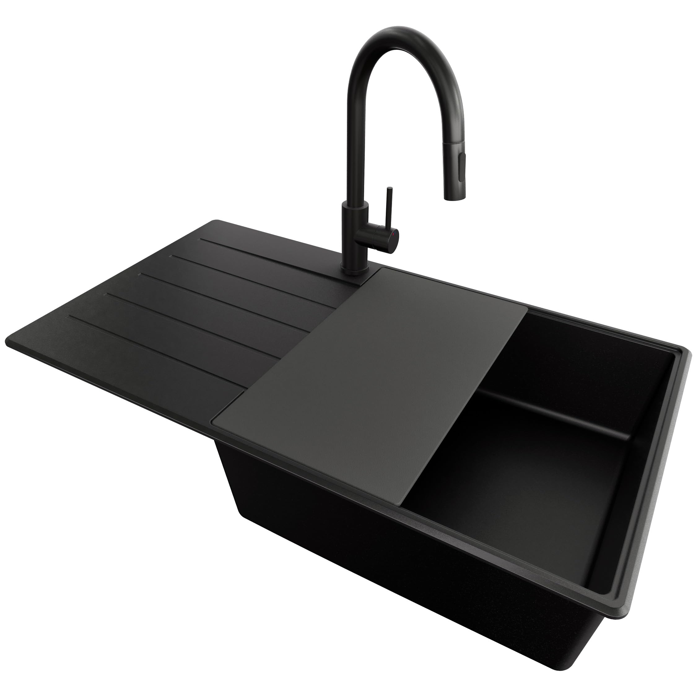 PRIMAGRAN Granitspüle Alles Schwarz - Kopenhagen Top, 90x50cm | Spülbecken 1 Becken + Küchenarmatur 40x20cm + Zuberhor-Set, Küchenspüle ab 60er Unterschrank (S751)