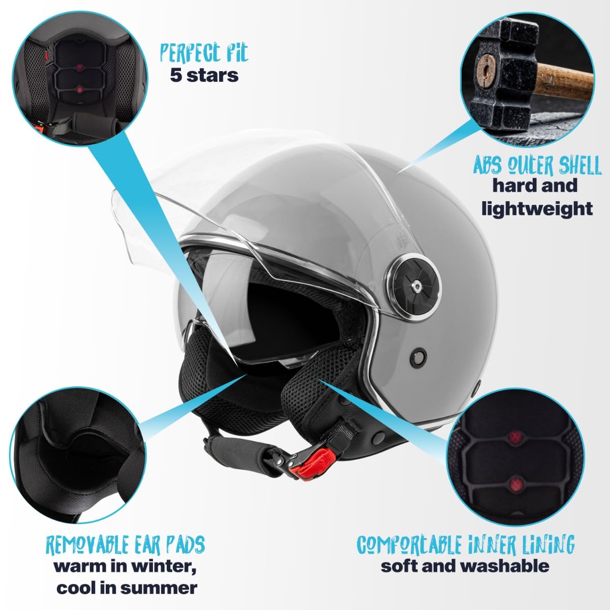 VINZ Tobia Casque Jet avec Visière Solaire et Visière | Casque de Scooter Moto / Vintage | Certifié ECE 22.06 | Tailles XS-XXL