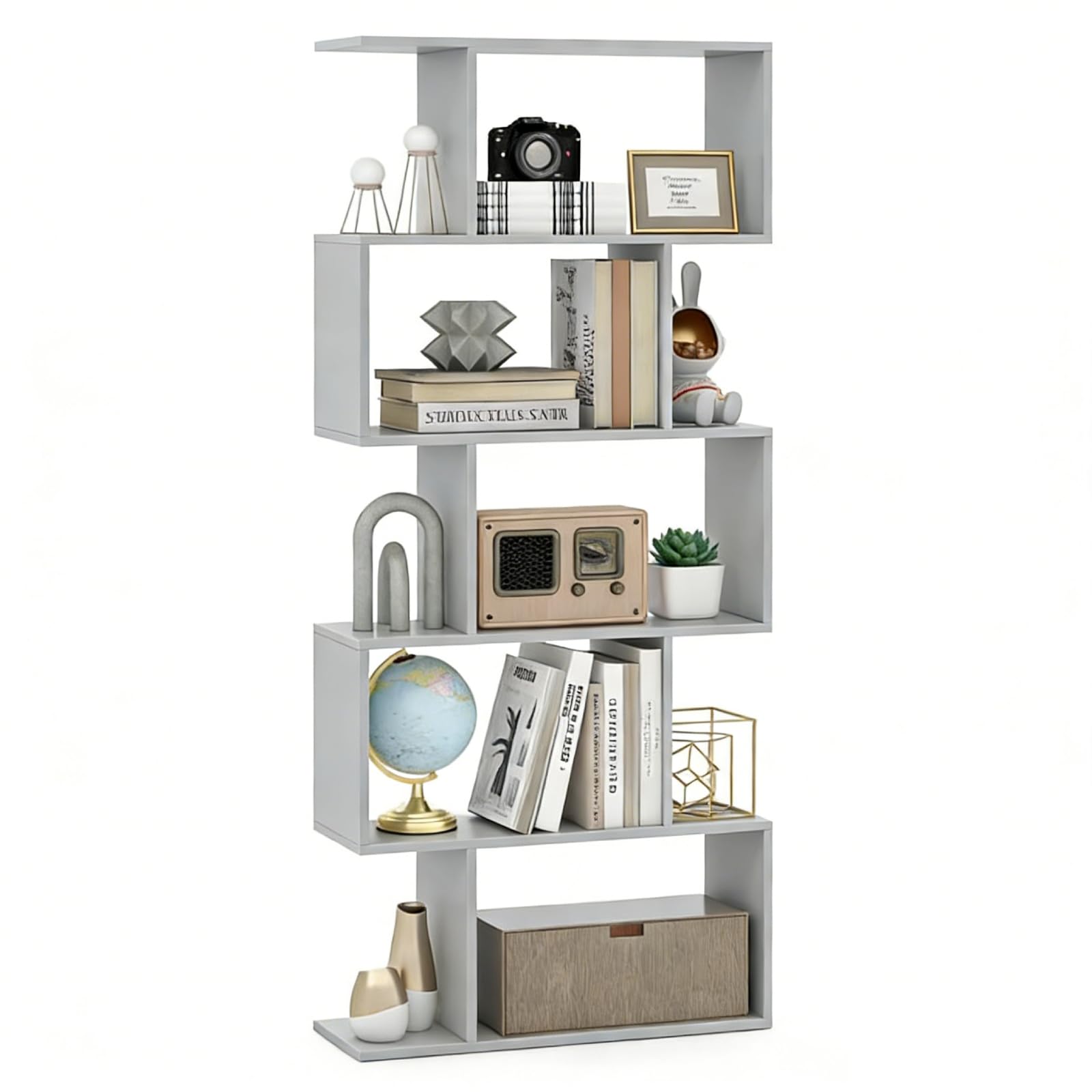 SFAREST 5/6 Tier Bookcase, S-Shaped Bookshelf(Grey,70 x 24 x 158cm) — image 1
