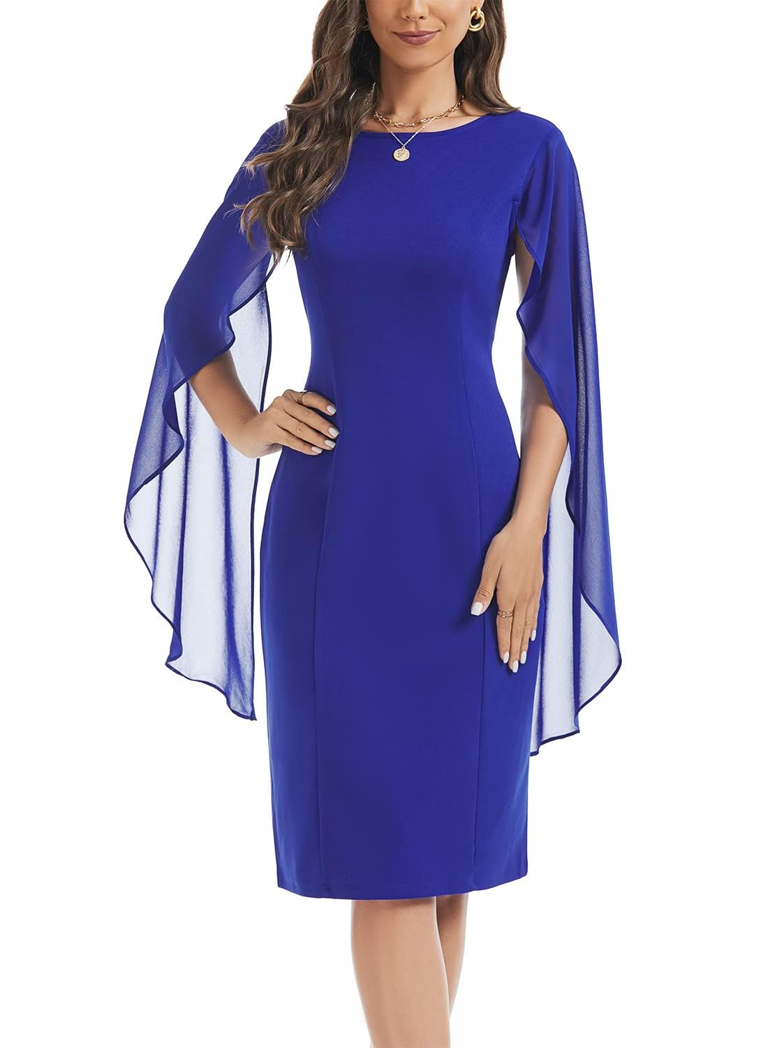 HELYO Womens Chiffon Cloak Sleeve Mini Cape Dress V-Back Semi-Formal Elegant Bodycon Wedding Guest Evening Cocktail Dresses