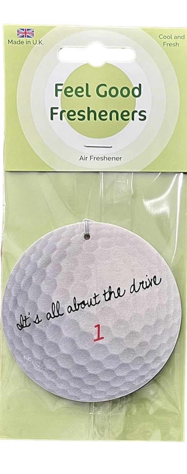Round Golf Lovers Air Freshener - Fun Message and Golf Ball Design - Unique Birthday Gift for Him/Her - Made in UK (1)