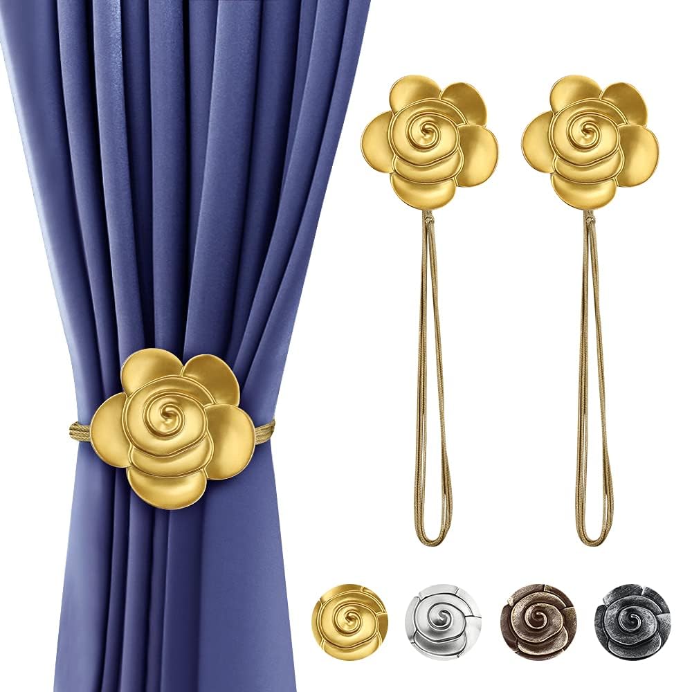 ELECDON Curtain Ties Magnetic, 2 Pack Resin Flower Curtain Tiebacks Vintage Curtain Drapery Holdbacks, Magnetic Window Drapery Decorative Holders with Rope for Outdoor, Home, and Office (Gold)