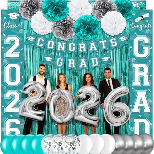 Image of Graduation Party Decorations Class of 2026, Graduation Decorations with Congrats Grad Banner Fringe Foil Curtain Paper Flower Ball Balloons for High School College Graduation Party Supplies, Teal