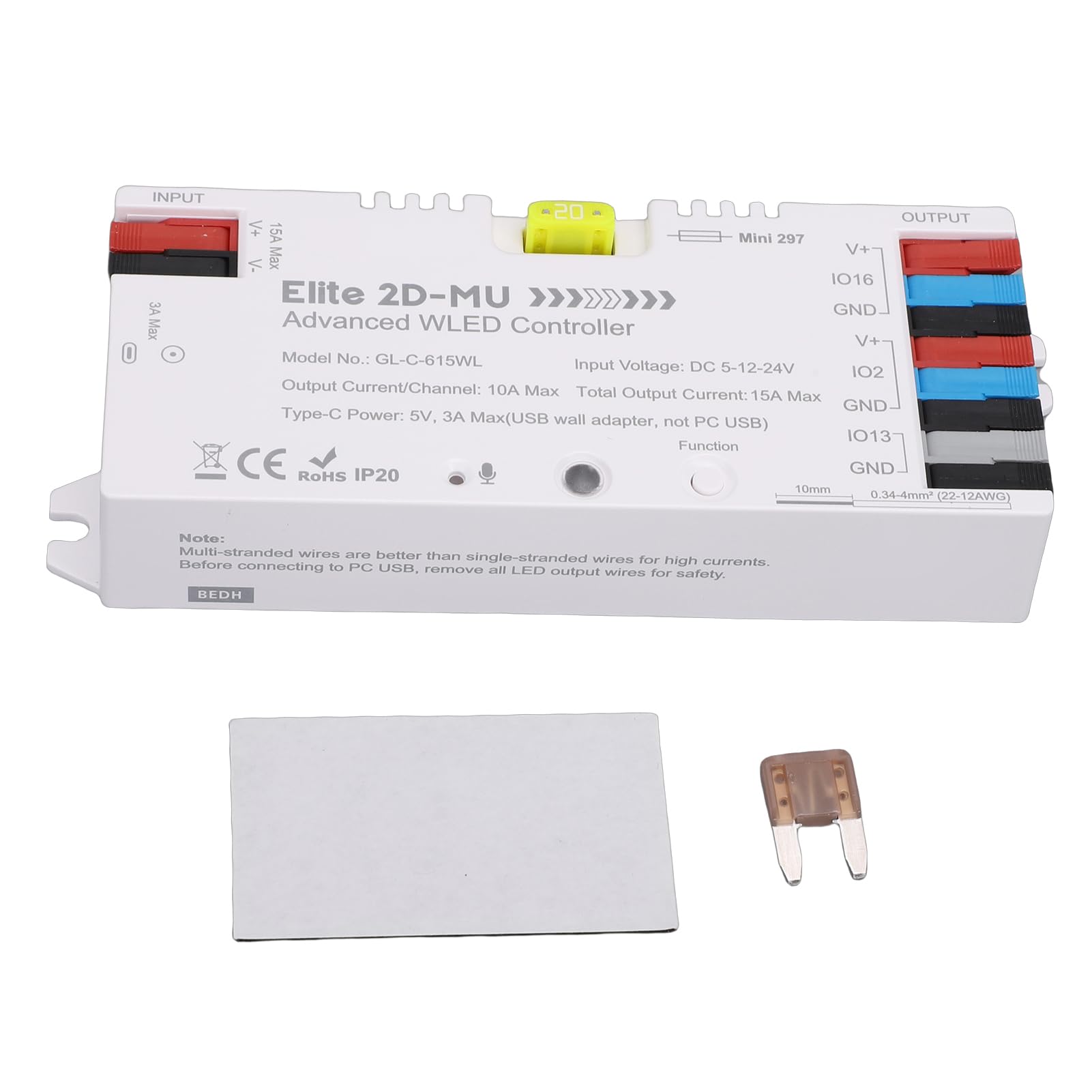 LED Strip Light Controller Addressable RGB IC with Over 100 Dynamic Lighting Effects Real Time Music Sync for WS2812 SK6812 WS2815 20A 5A