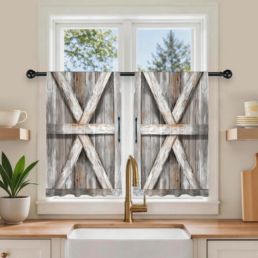 DOODLREAM Barn Door Printed Polyester Short Kitchen Curtains 27.5" W x 36" L, Rod Pocket Rustic Wood Door Curtains, Small Decorative Window Curtains for Bathroom, Living Room, RV, 2 Panels