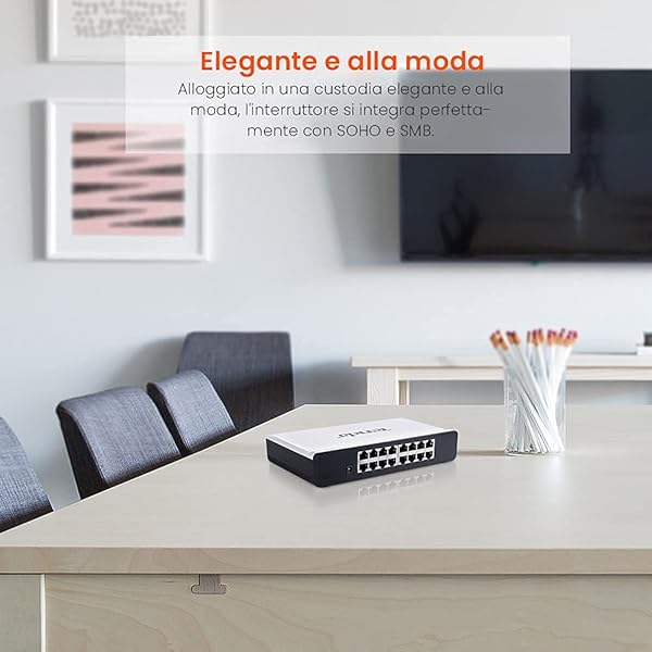 Tenda Switch Desktop Switch S16 con 16 Porte RJ45 10 100 Mbps Plug Play Rilevamento automatico interscambi MDIMDI X Design ergonomico VLAN