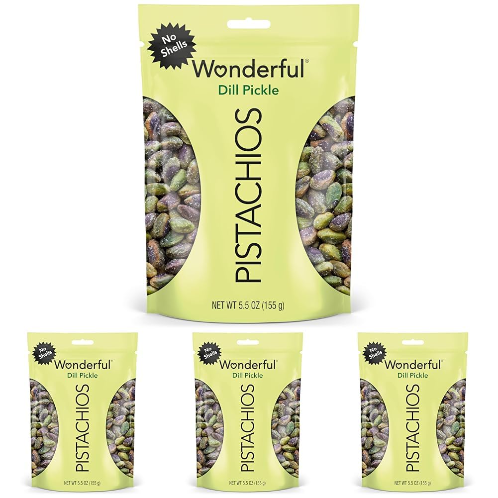 Wonderful Pistachios No Shells Dill Pickle Nuts, 5.5 Ounce Resealable Bag, Protein Snacks, Gluten Free, Healthy Snacks (Pack of 4)