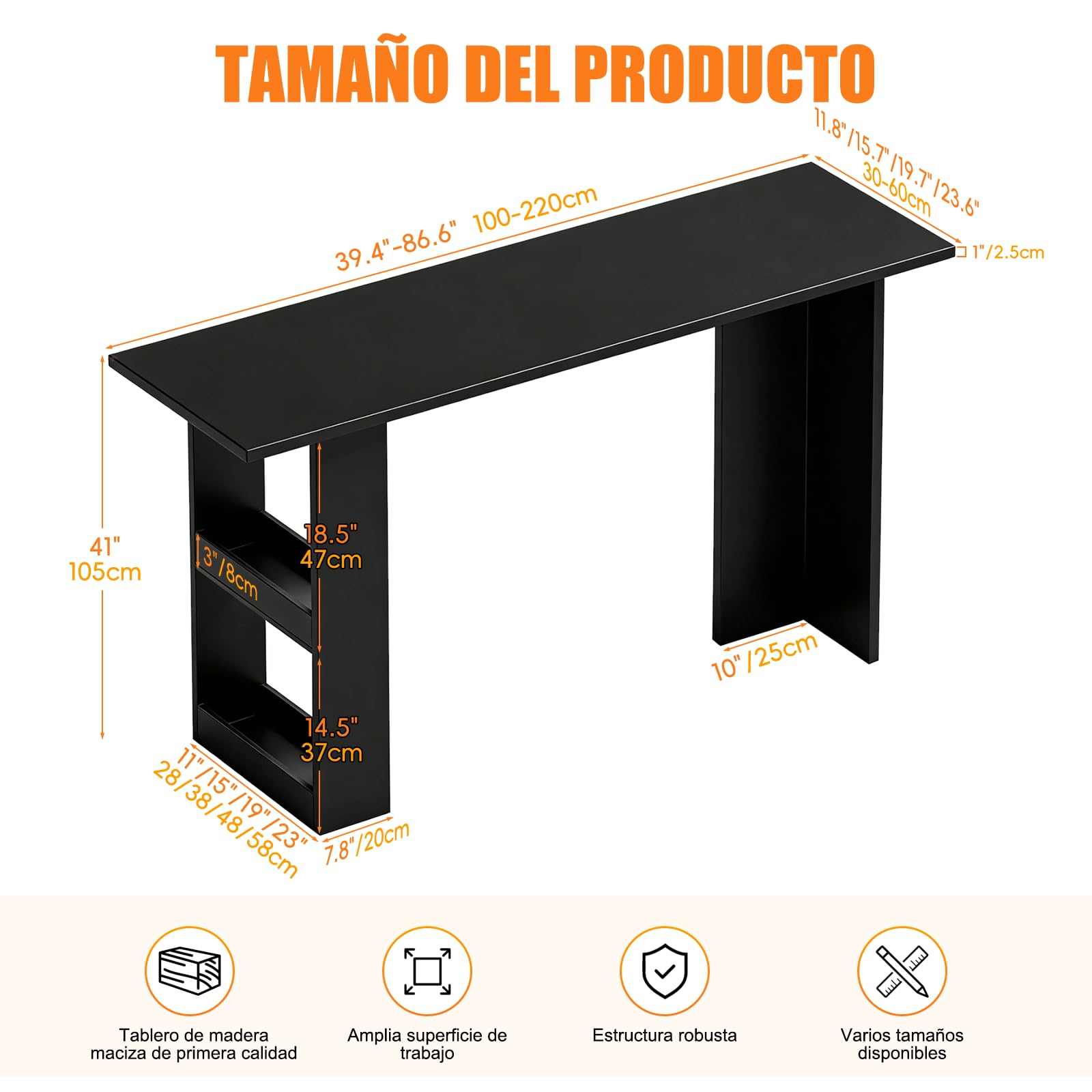 Mesa Bar de Madera Maciza con Almacenaje, Mesa Alta Cocina, Mesa Estrecha y Larga, Altura de Barra, Tablero Grueso 2,5 cm, para Cocina, Salón,Bares, etc.