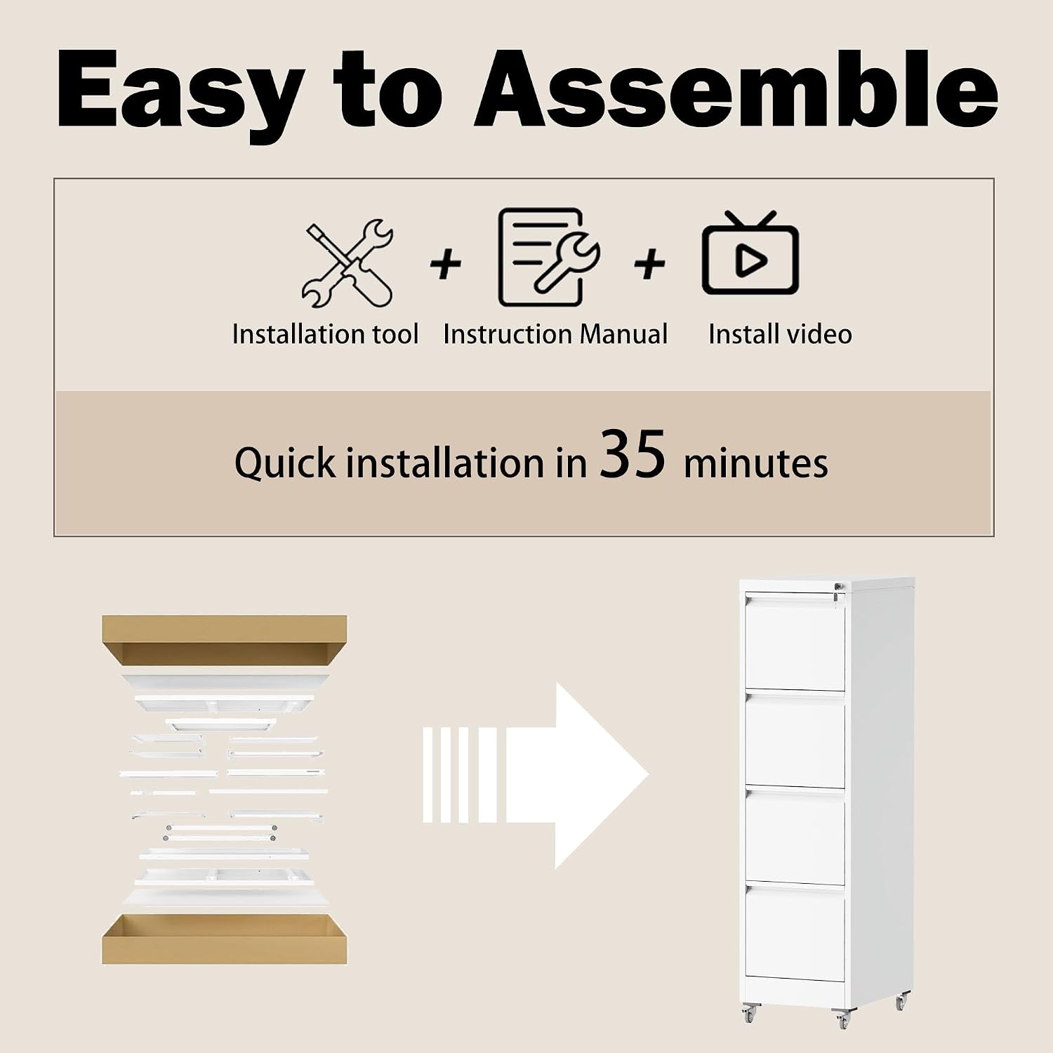 File Cabinet with Lock, 4 Drawers Filing Cabient with Wheel, Steel Vertical Filing Storage Cabinet for Home Office, Heavy-Duty File Cabinets for Letters/Legal/A4 (Require Assembly, White)