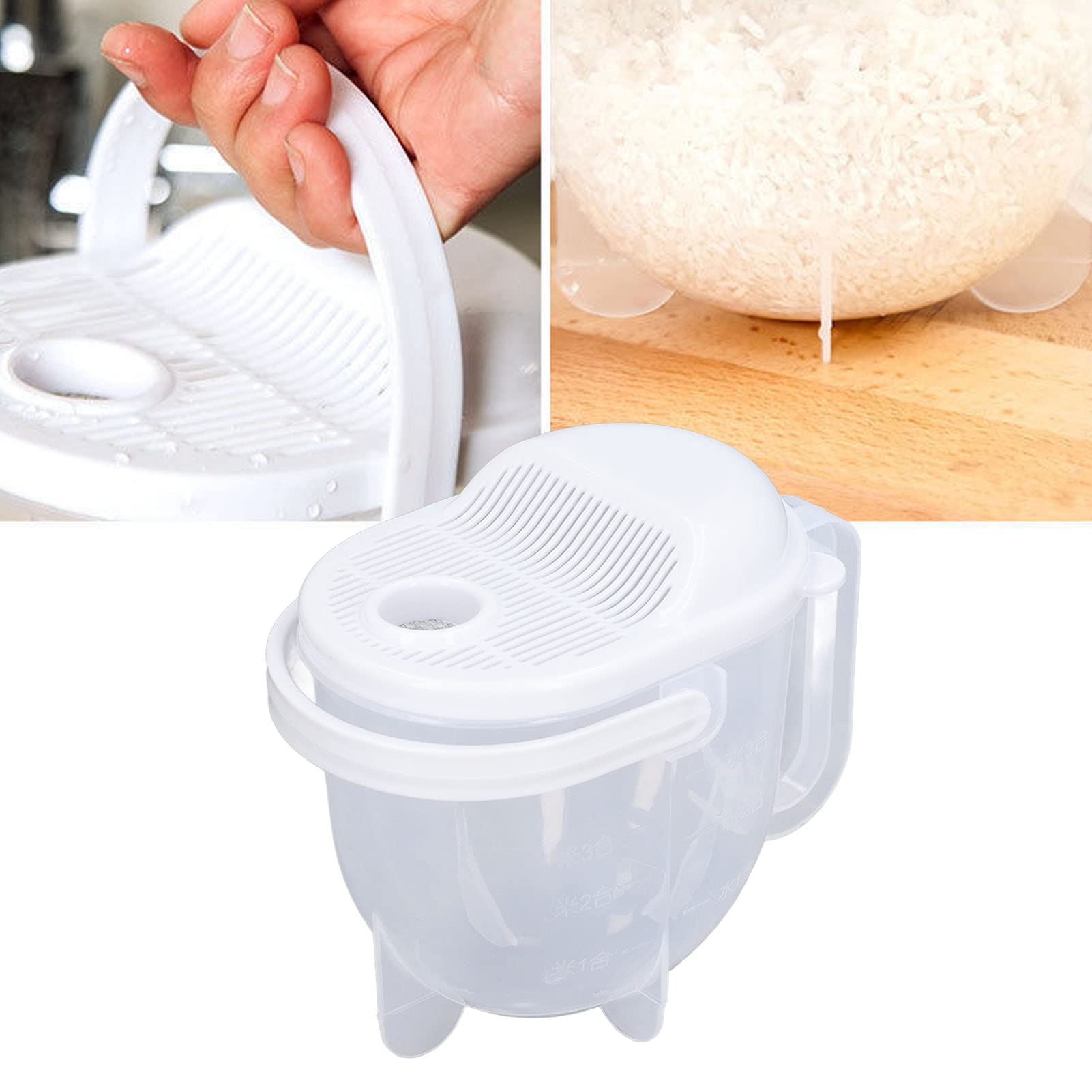Rice Washer Bowl Water Flush Type Rice Washing Bucket ABS Clear Scale Fine Strainer Auxiliary Handle Rice Basket for Kitchen