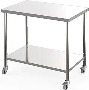 Stainless Steel Table, 36" x 24" Prep Workstation, 1000 LBS, NSF Commercial Work Table with Adjustable Undershelf and Lockable Casters, for Restaurant, Home, Kitchen, Hotel, Outdoor