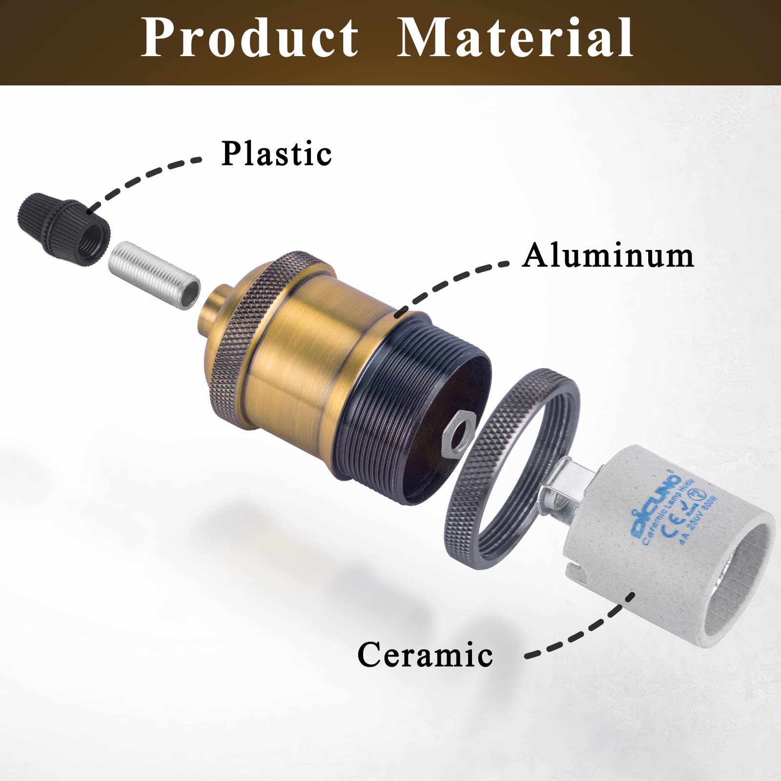 DiCUNO E27 Vintage Portalampada, Edison retro lampada a sospensione, Adattatore in ceramica solida, 4 Pezzi di ottone vintage socket