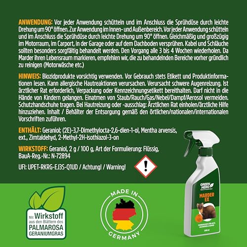 Green Hero Marder-EX Anti Marderspray 500ml Marderabwehr fürs Auto schnelles und effektives Marderabwehrspray, Marderschreck Auto Spray, zum Fernhalten von Marder