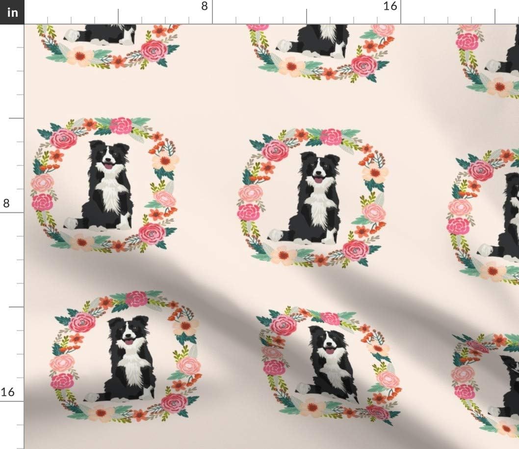 Spoonflower Fabric - Inch Border Collie Black White Wreath Florals Dog Floral Dogs Collies Printed on Petal Signature Cotton Fabric by The Yard - Sewing Quilting Apparel Crafts Decor