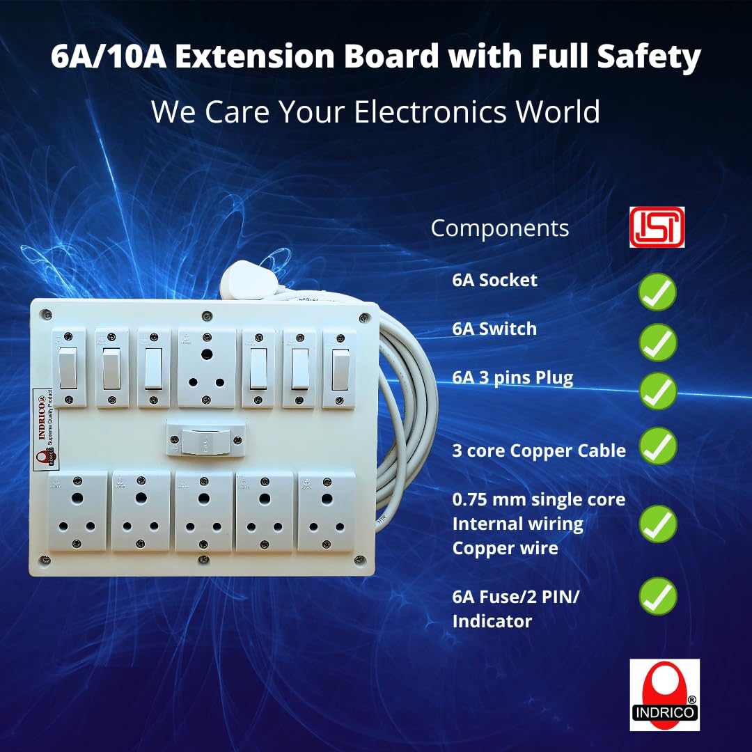 INDRICO® Extension Box 6 Sockets and 6 Switches, Fuse with Heavy Duty Cable White (5 Meter) — Amazon image 3