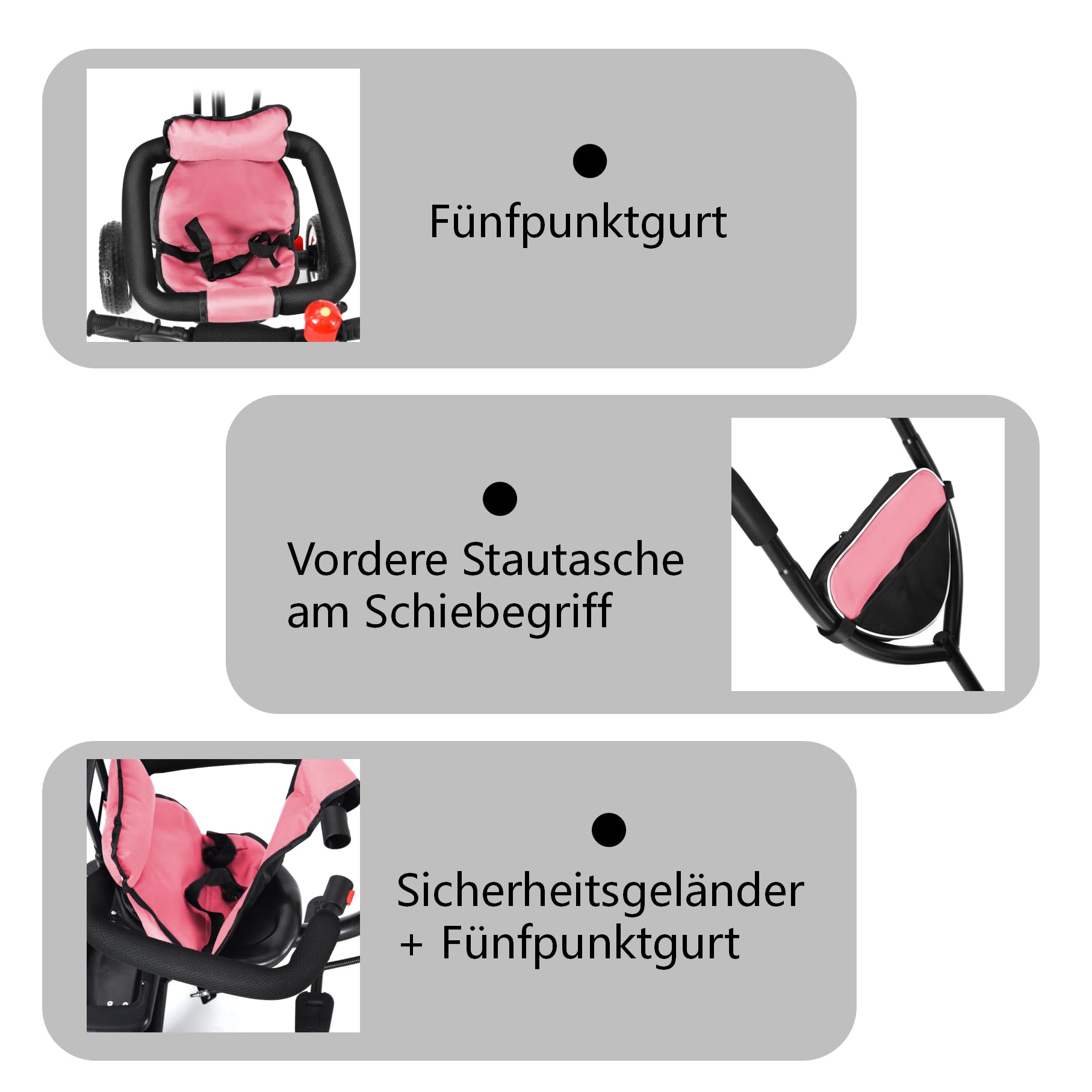 Dreirad 4 in 1 ab 1 Jahr mit Schubstange – Kinderdreirad mit drehbarem Sitz & klappbarem Sonnendach | Sicherheitsgurt & abnehmbarer Schutzbügel | 2 große Körbe | babyfreundlicher Stoff | Rosa
