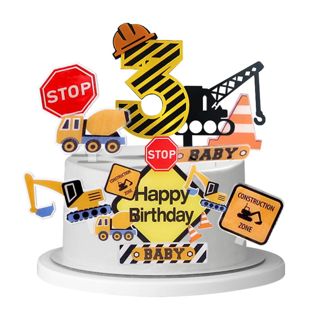 MiaLover 3 Year Birthday Decoration Cake Decoration Construction Vehicles Cake Decoration Digger Cupcake for Children's Birthday Party 3rd Birthday Decoration Props for Photos
