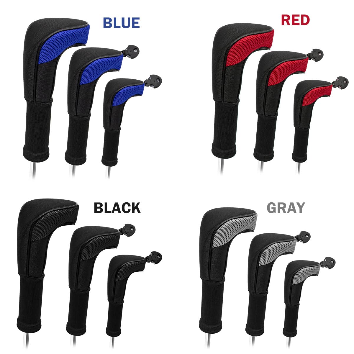 Set di 3 coperture universali per mazze da golf, qualità premium, per driver in legno, fairway, ibridi, nero-rosso