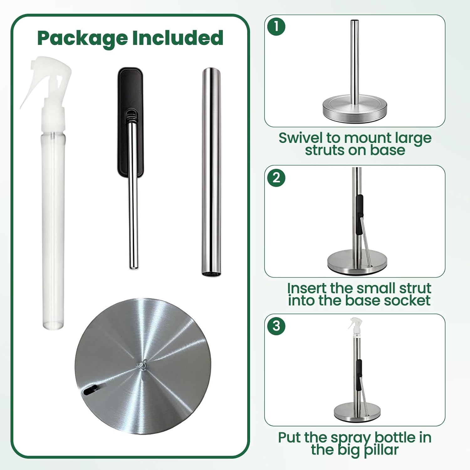 Paper Towel Holder with Spray Bottle,Heavy-Duty Countertop Kitchen Paper Towel Holder,Stainless Steel One-Handed Tear Kitchen Towel Dispenser for Countertop (Silver)