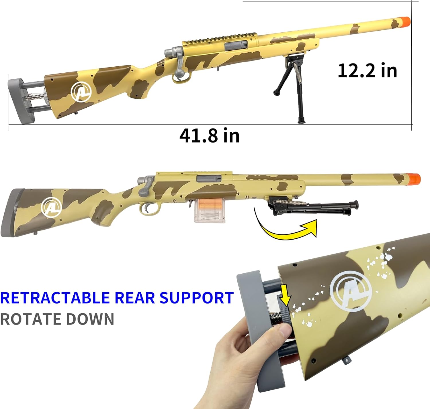 AGM MASTECH M24 Foam Blaster, Shell Ejecting, Safety Switch, Adjustable Stock 41.8 Inch, Scope, 40 Darts, 20 Casings, 2 Mags, Tactical Game Gear for Teens 14+ years Adults(Camouflage Yellow)