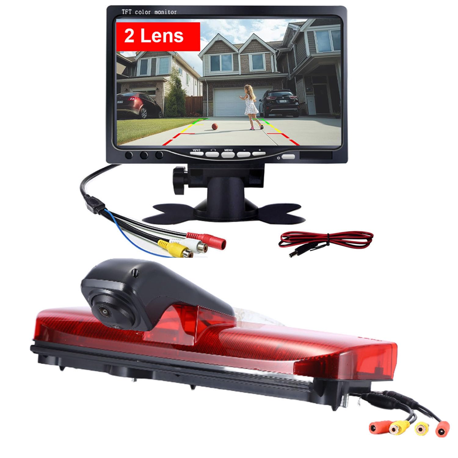 Câmera De Ré Com Terceira Luz De Freio, Duas Lentes E Monitor Lcd De 7", Câmera Dupla