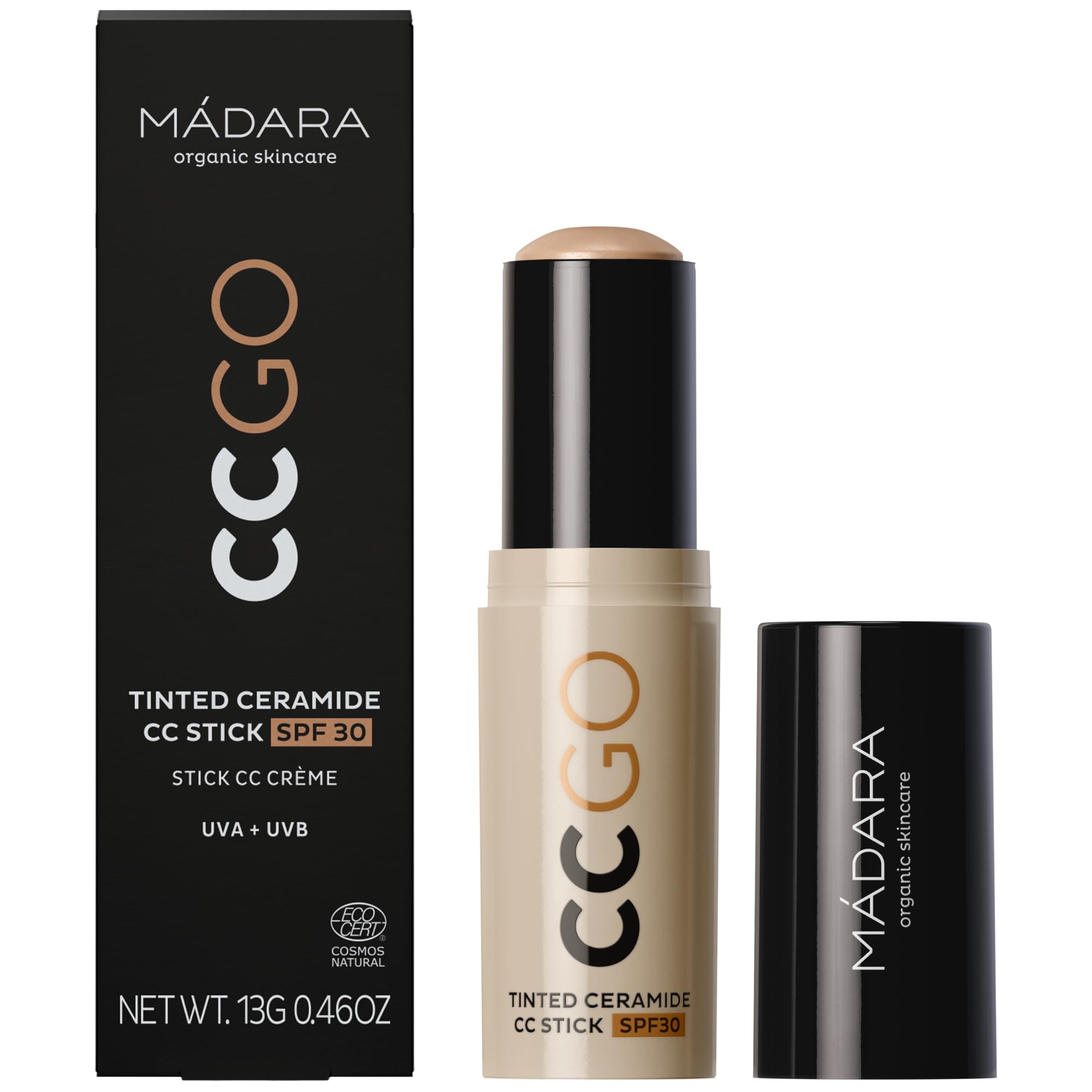 MÁDARA CC GO Tinted Ceramide CC Stick SPF30#40 Sand- 3-in-1-Farbkorrektur-Foundation-Stick mit Mineralischem Sonnenschutz, Gleicht den Hautton aus, deckt Rötungen und Flecken ab