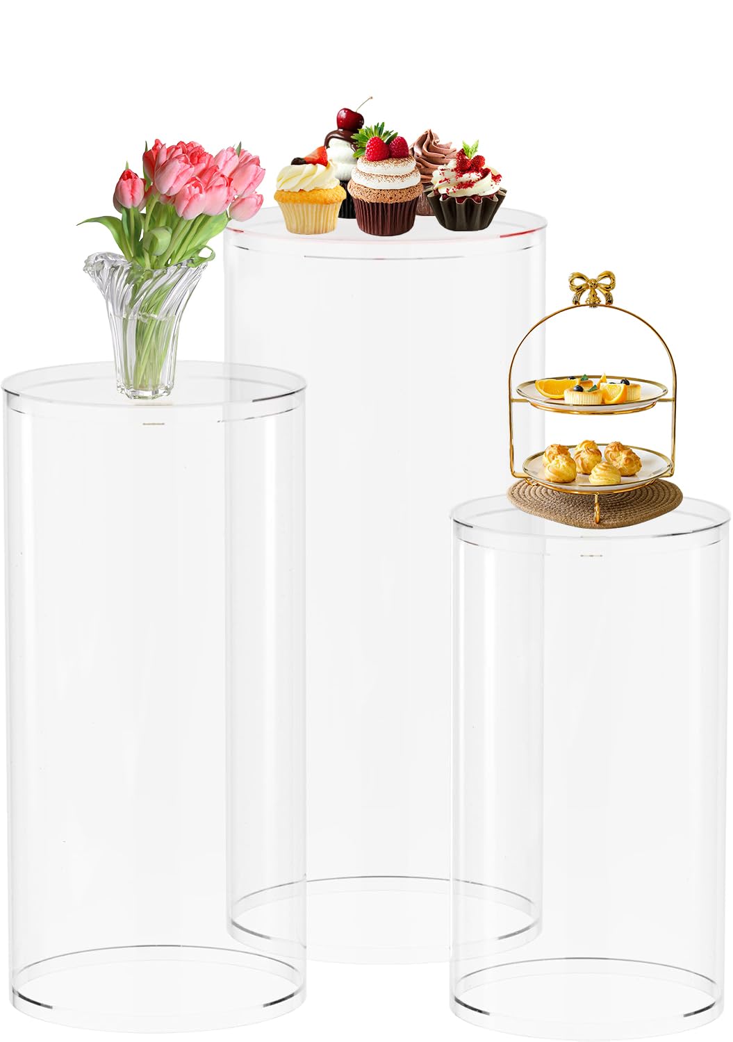 maytopia Cylinder Pedestal Stands for Party 3Pcs, Clear Round Display Pedestal Stands Table, Cake Flower Pedestal Stand Plinth Pillars for Wedding Bridal Shower Birthday Decoration