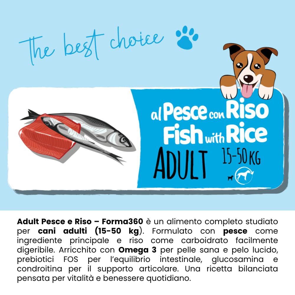Pet360 Forma Adult Pesce e Riso 12 Kg – Crocchette per Cani Adulti Medium e Maxi – Alta Digeribilità con Omega 3, FOS e Glucosamina – Supporto Cute, Pelo e Articolazioni