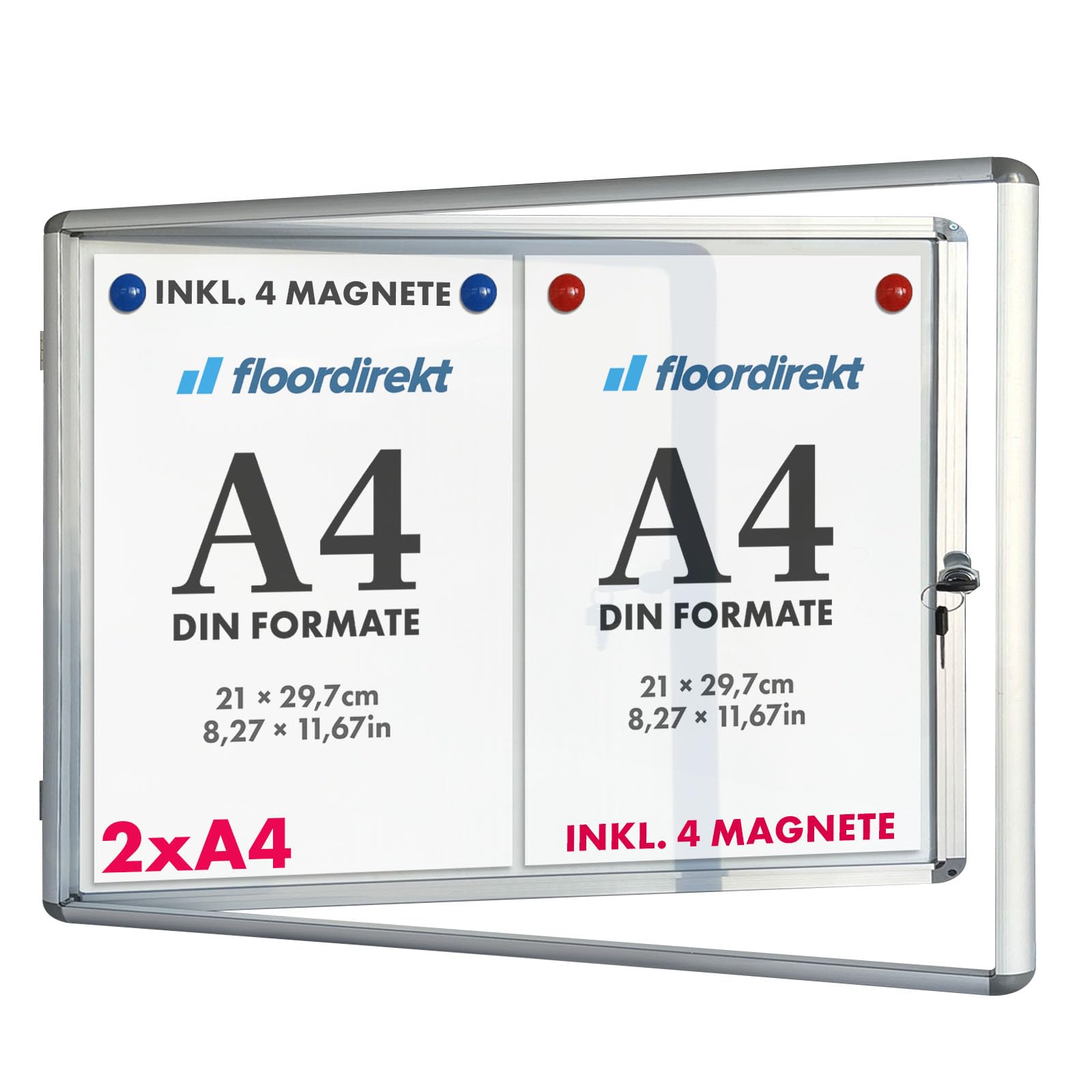Floordirekt Vetrina 2 x A4 con 4 calamite, cassetta informativa, da appendere alla parete posteriore magnetica e scrivibile, con telaio in alluminio e vetro acrilico