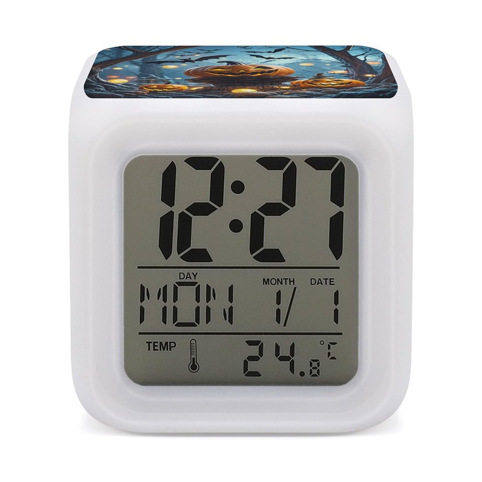 Reloj despertador de Halloween con murciélagos y luz nocturna LED de 7 colores para niños