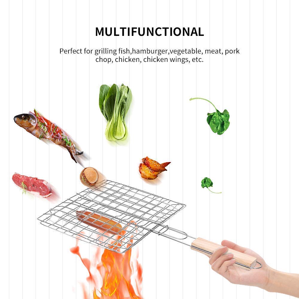 Cesta para asar a la parrilla de doble capa, plegable, portátil, de acero inoxidable, para parrilla de barbacoa, para pescado asado, verduras, filete de camarones con mango de madera desmontable