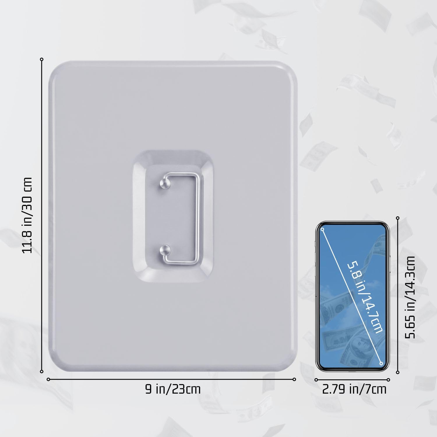 Flexzion Cassetta portavalori con chiave, salvadanaio per contanti, aziende, cassiere e contanti, in metallo grigio con serratura a chiave, vassoio per banconote caricato a molla e slot per monete