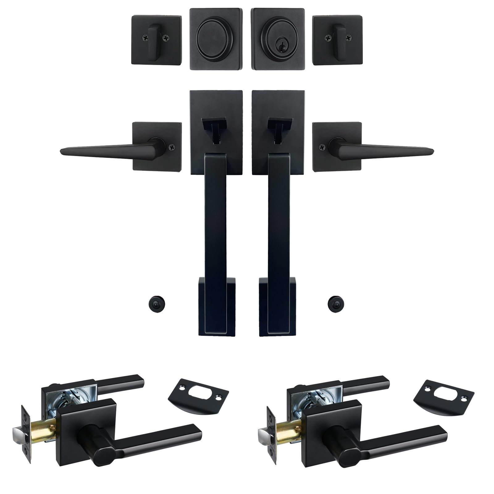 HISAFE Matte Black Double French Door Handle Set & 2pcs of Passage Door Levers