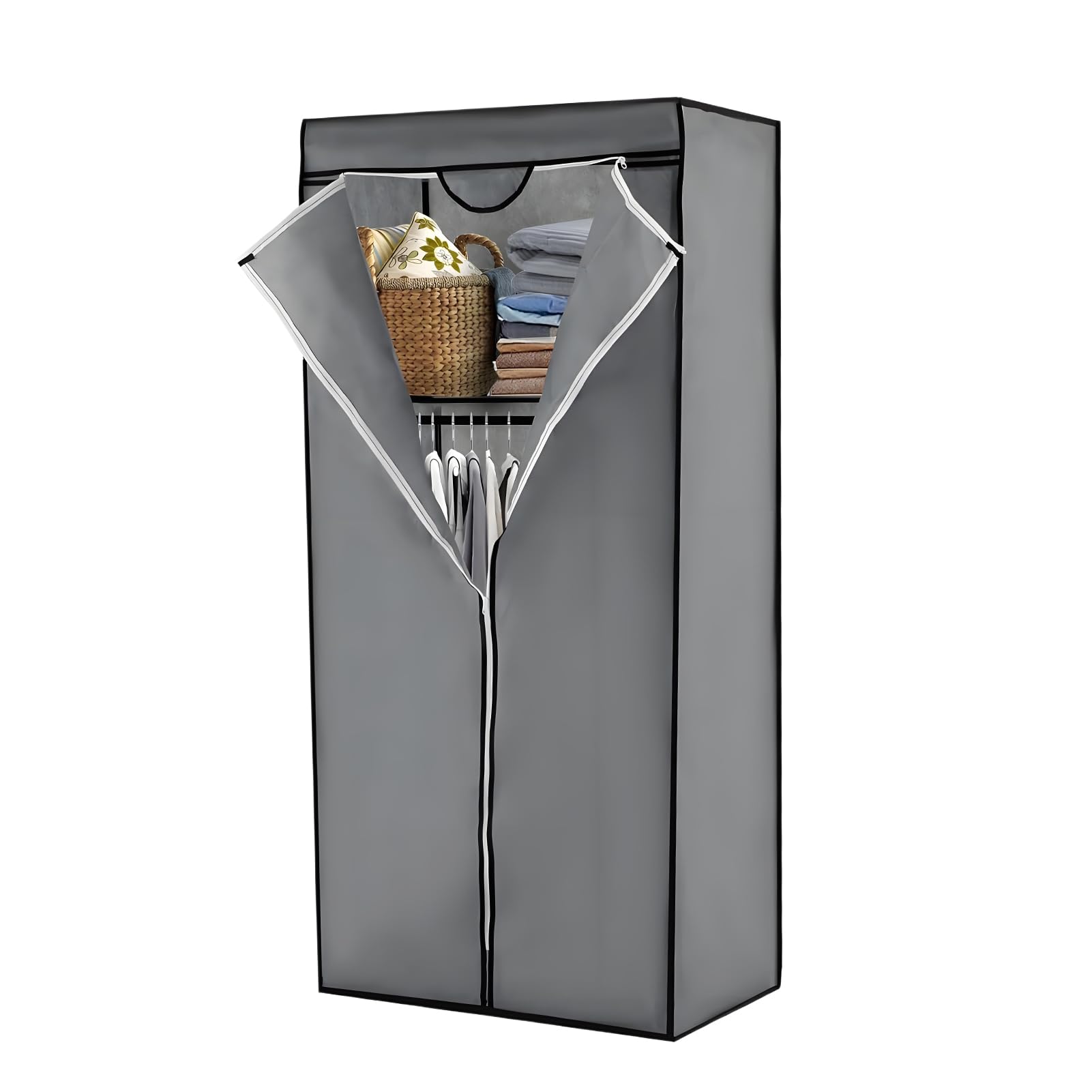 M.J COMFY-LIFE Canvas Wardrobe 68x45x158cm Portable Wardrobe With Hanging Rod Fabric Clothing Storage Cabinet Clothing Storage Rack Suitable For Bedroom Living Room Cloakroom Dormitory (Grey)