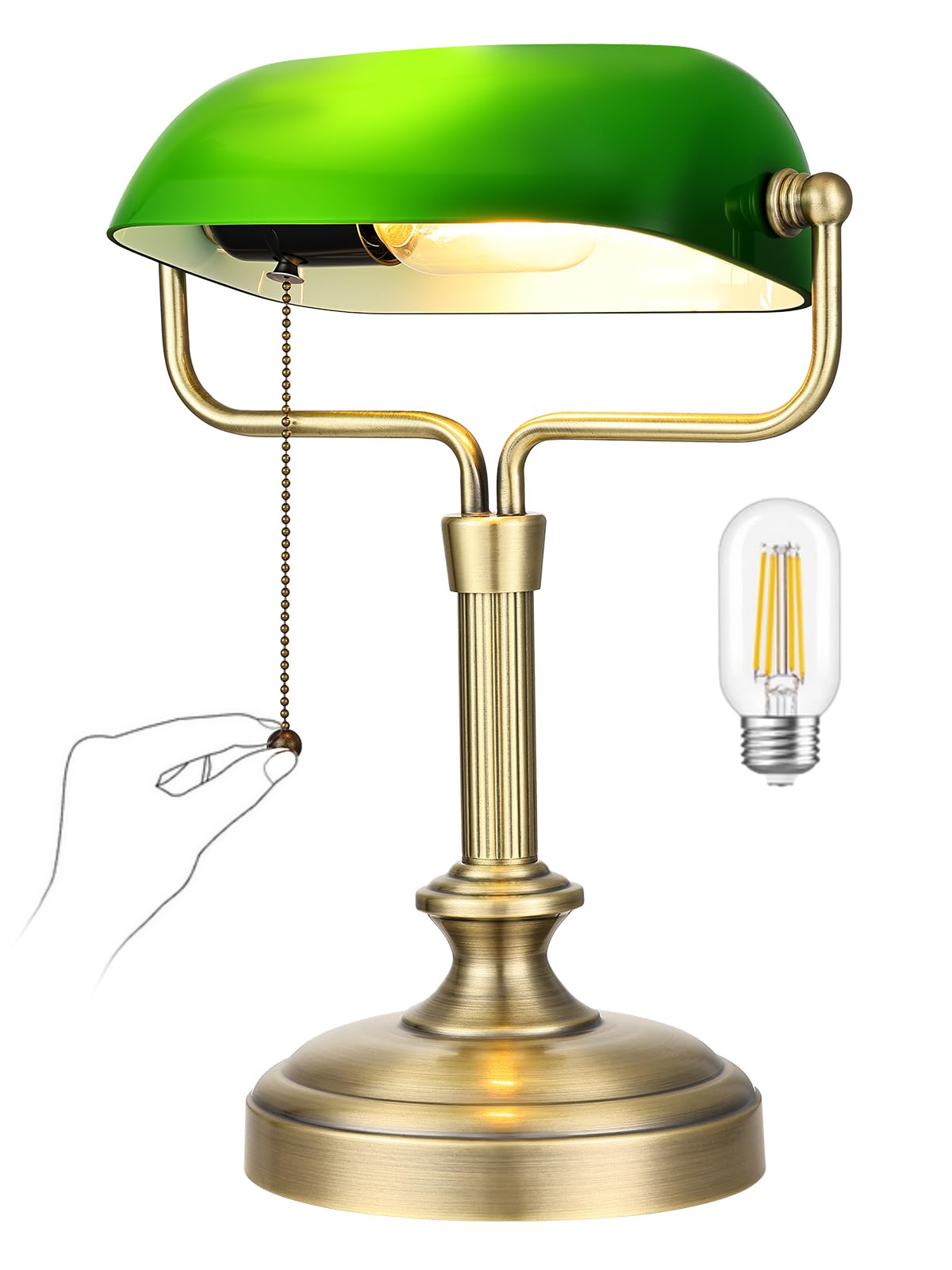 Green Bankers Lampe de bureau, abat-jour en verre réglable, lampe vintage avec interrupteur à chaîne pour bureau à domicile, lampe piano, ampoule LED 6 W incluse (bronze antique + vert)