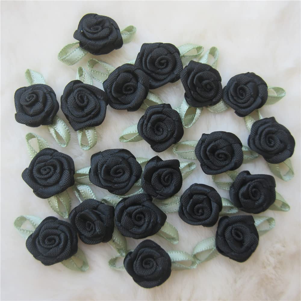 100pcs 25mm*15mm Multicoloured Mini Rose Flowers Satin Ribbon Bows Appliques DIY Sewing Craft Accessories Wedding Bride Gift Decoration (Black)
